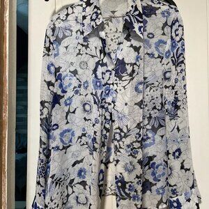 KASPER & CO Women Blue Floral Print Blouse Top Button Up Long Sleeve SZ 16 Shirt